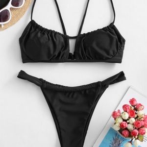 Zaful Black Ruched Keyhole Cheeky Bikini Swimsuit